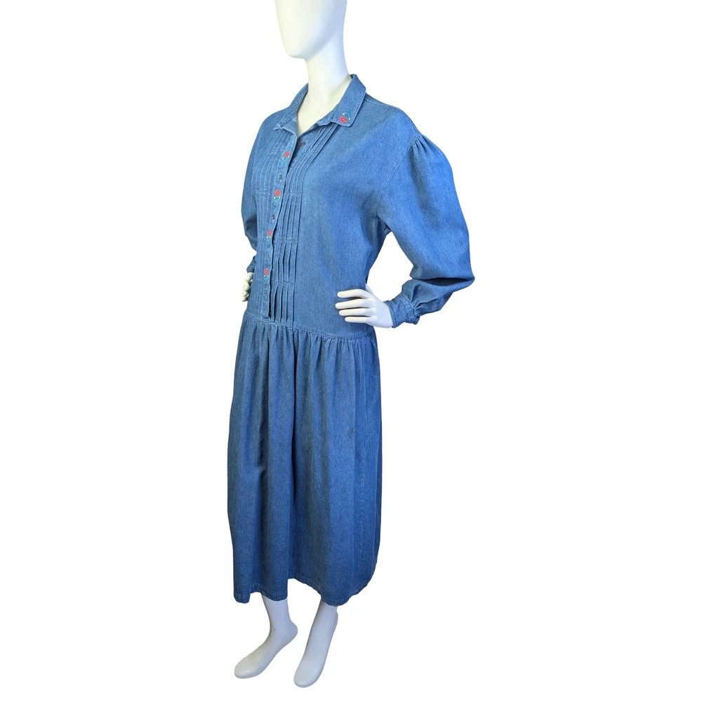 Vintage 90s Eddie Bauer Denim Prairie Dress Embroidered Florals | Fits M/L - Picture 3 of 11